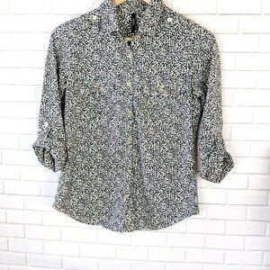 Cathy Shirt Womens Medium Black and Tan Leopard Button up Modern Office Workwear